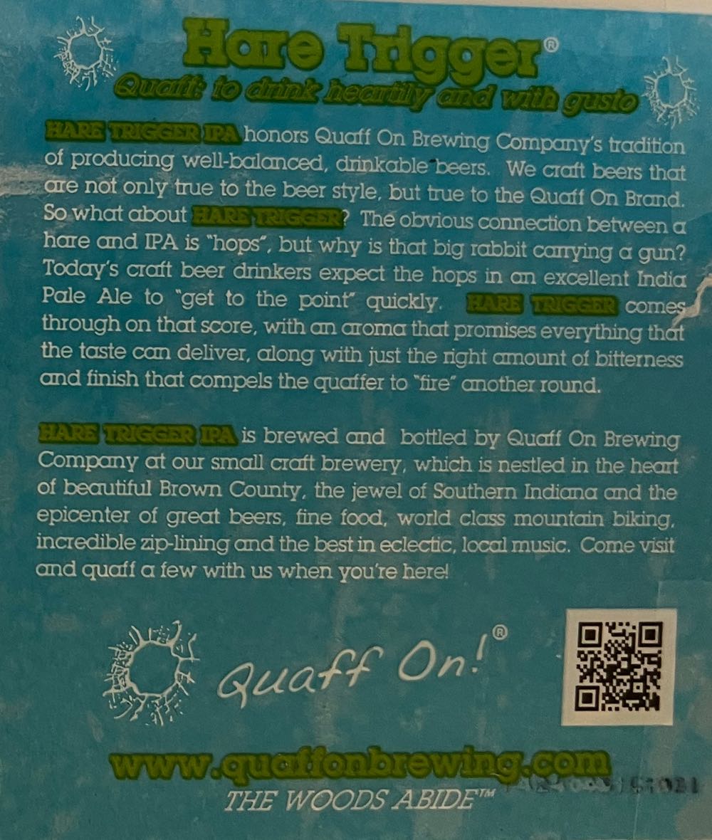 Quaff On Hare Trigger IPA - Quaff On! Brewing Company, Nashville alcohol collectible - Main Image 2