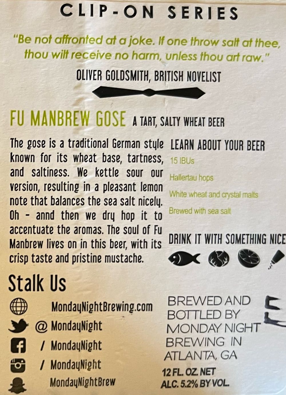 Monday Night Fu Manbrew Gose - Monday Night Brewing, Atlanta alcohol collectible - Main Image 2