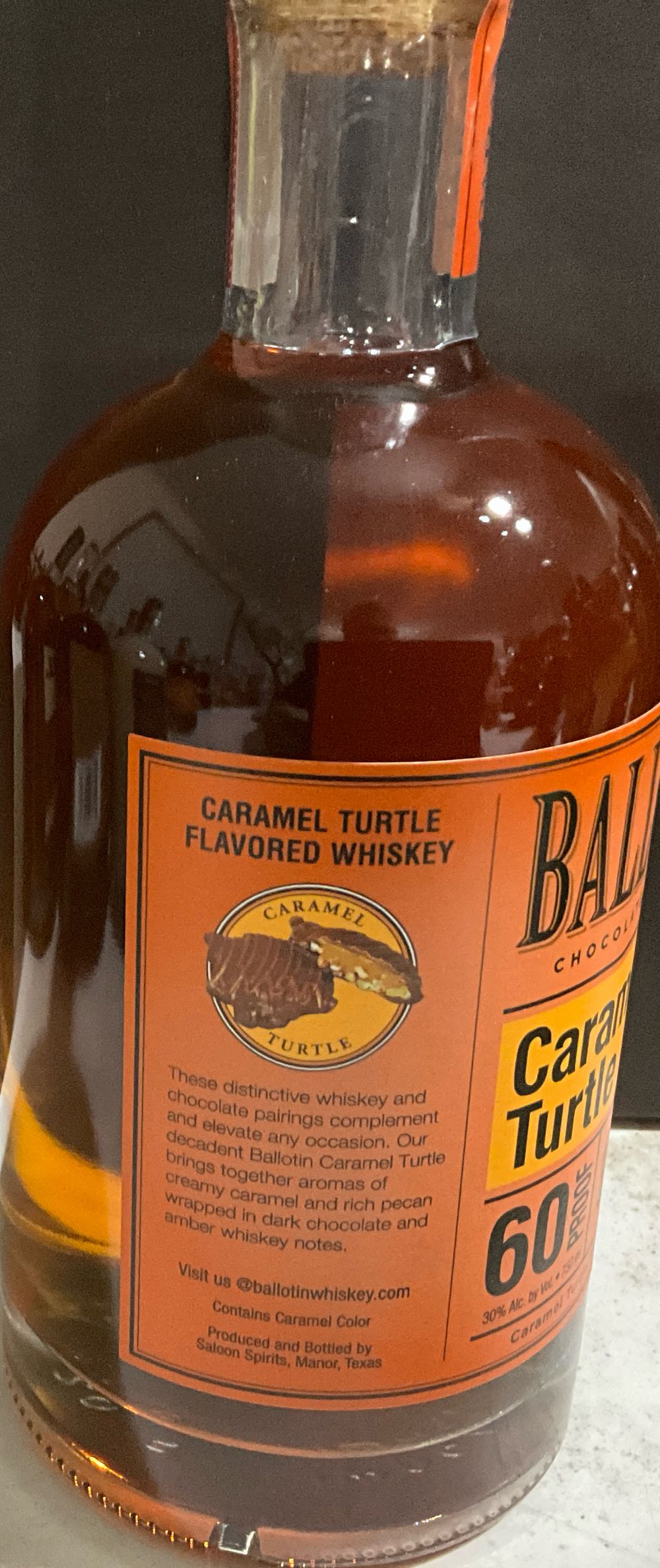 Ballotin Caramel Turtle Chocolate Flavored Whiskey - Saloon Spirits (750 mL) alcohol collectible [Barcode 854443006033] - Main Image 2
