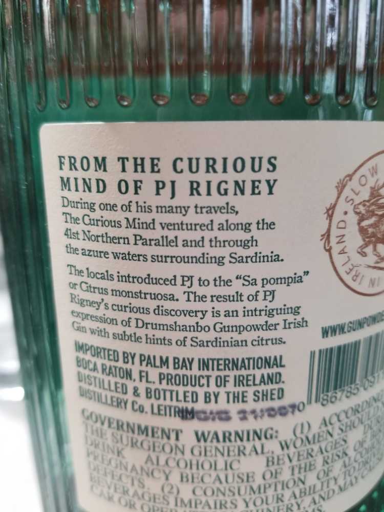 Gin Gunpowder - Sardinian Citrus - The Shed Distillery (700 mL) alcohol collectible [Barcode 086785091105] - Main Image 2