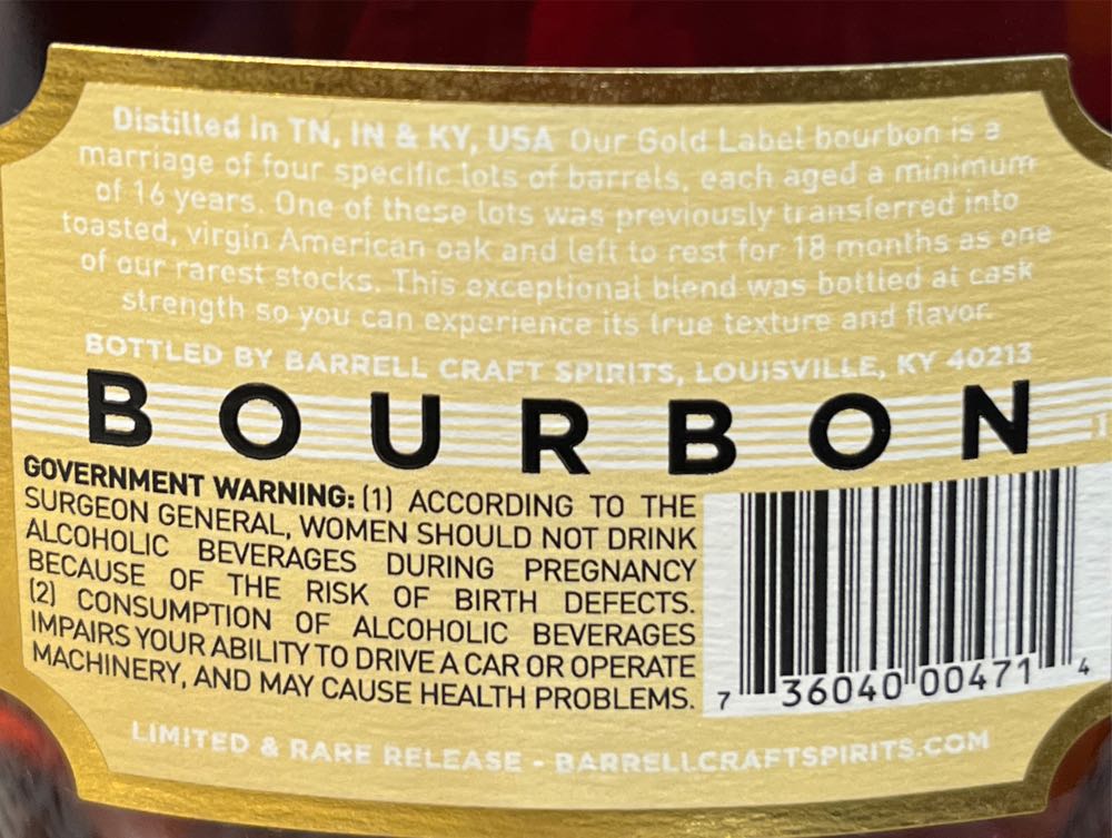 Barrell Craft Spirits Bourbon Gold Label - Barrell Craft Spirits (750 mL) alcohol collectible [Barcode 736040004714] - Main Image 3