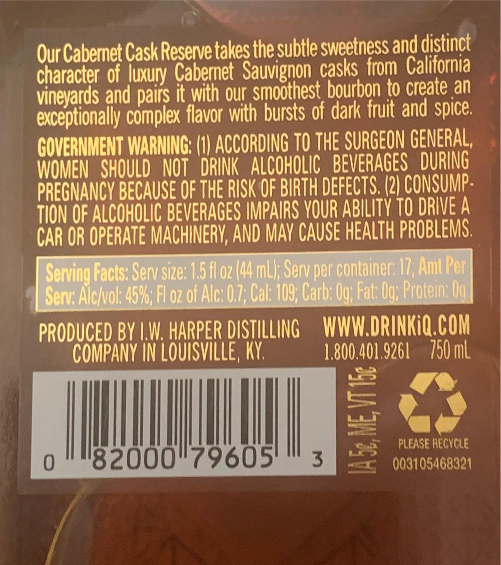 I.W. Harper Cabernet Cask Reserve - I.W. Harper Distilling Company, Louisville, KY (750 mL) alcohol collectible [Barcode 082000796053] - Main Image 4