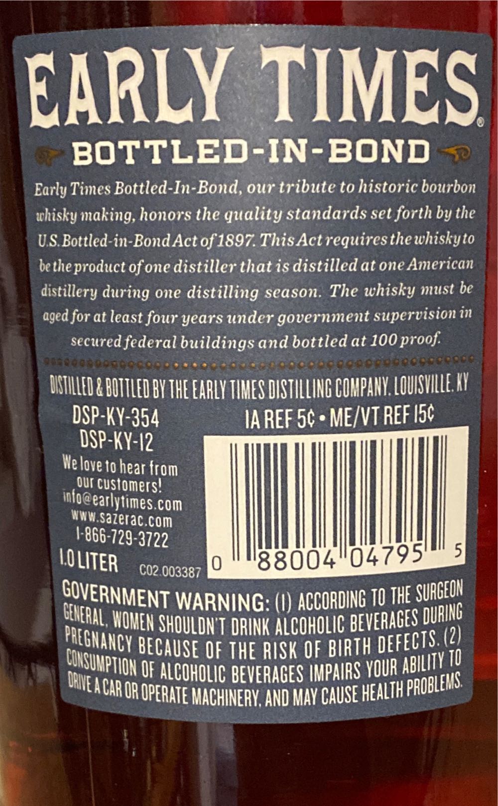 Early Times Bottled In Bond - The Early Times Distilling Company (1 L) alcohol collectible [Barcode 088004047955] - Main Image 2