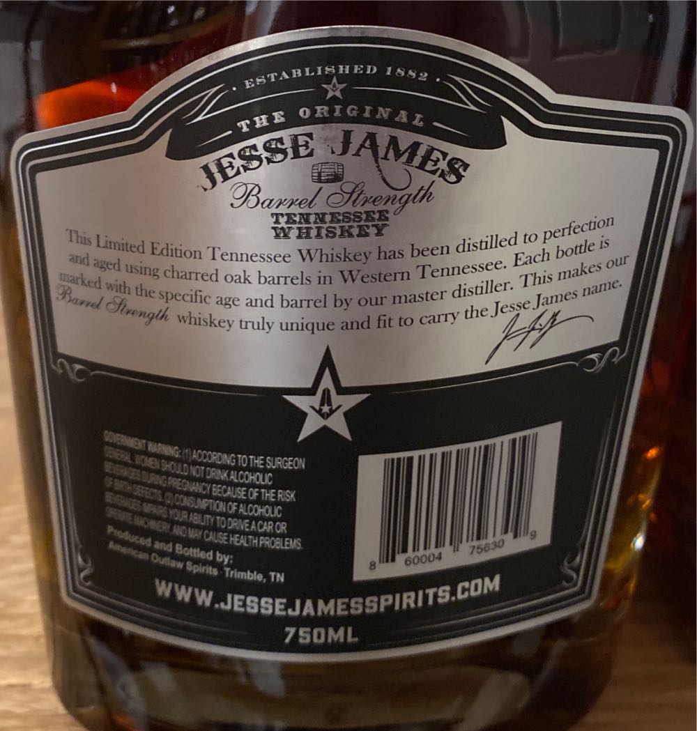 Jesse James Barrel Strength LE - Jesse James (750mL) alcohol collectible [Barcode 860004756309] - Main Image 2