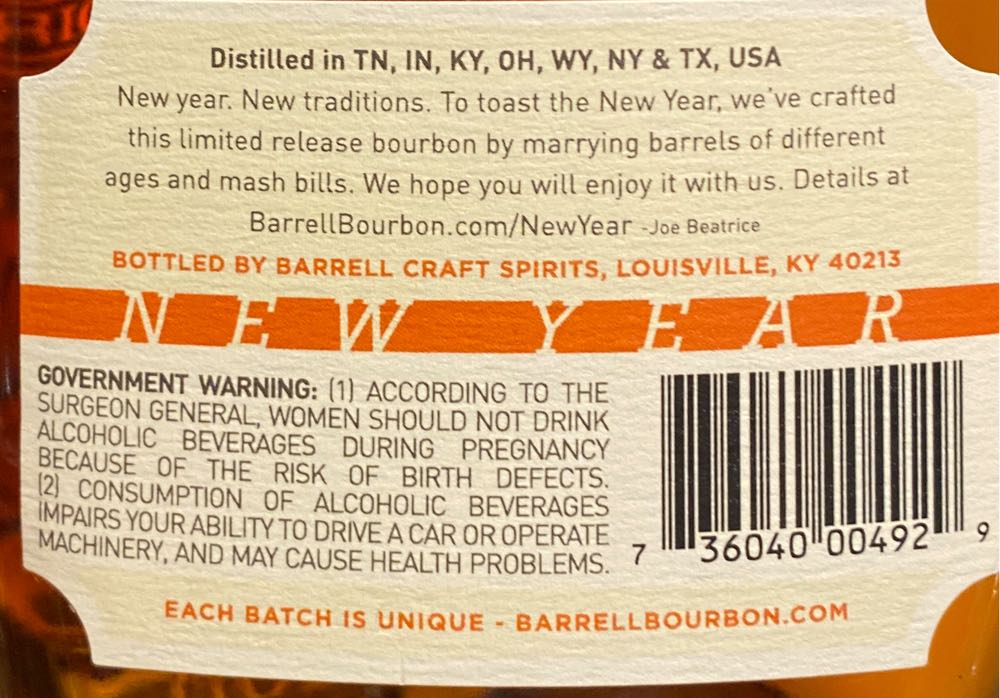 Barrell Bourbon New Year’s 2022 - Distilled in TN, IN, KY, OH, WY, NY, TX & MD (750mL) alcohol collectible [Barcode 736040004929] - Main Image 2