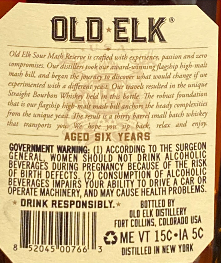 Old Elk Sour Mash Reserve Bourbon Whiskey - Old Elk Distilleries (750 mL) alcohol collectible [Barcode 852045007663] - Main Image 2