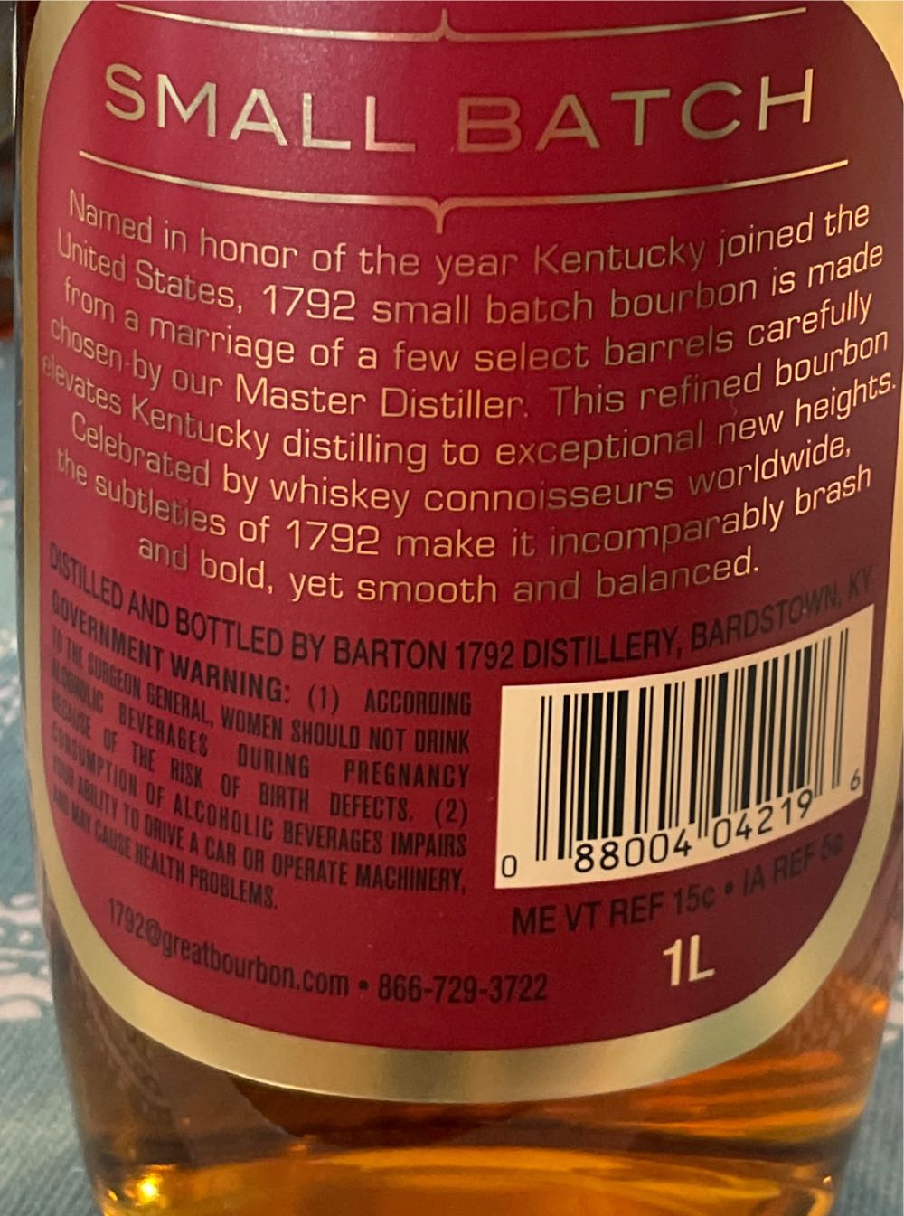 1792 Small Batch Kentucky Straight  alcohol collectible [Barcode 088004042196] - Main Image 2