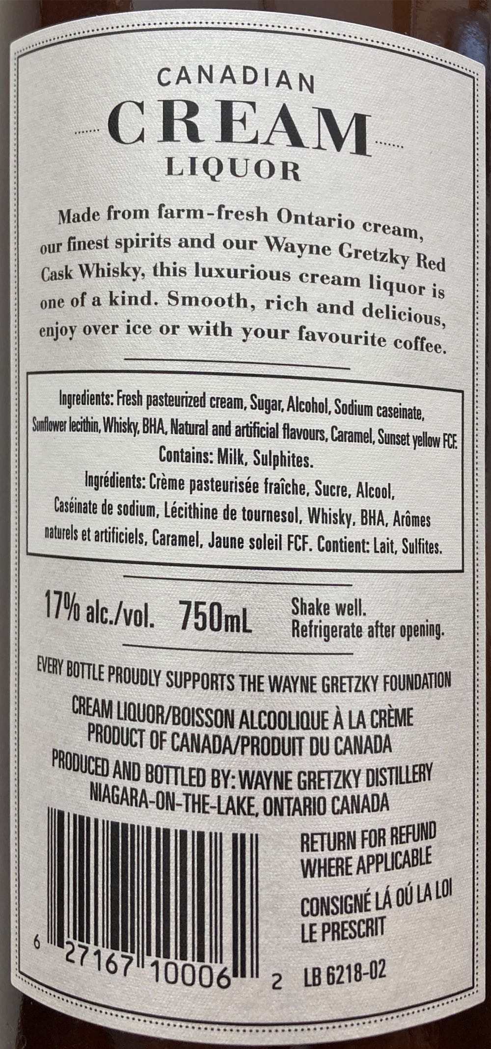 Wayne Gretzky Cream Liqueur - Wayne Gretzky Distillery (750 mL) alcohol collectible [Barcode 627167100062] - Main Image 2