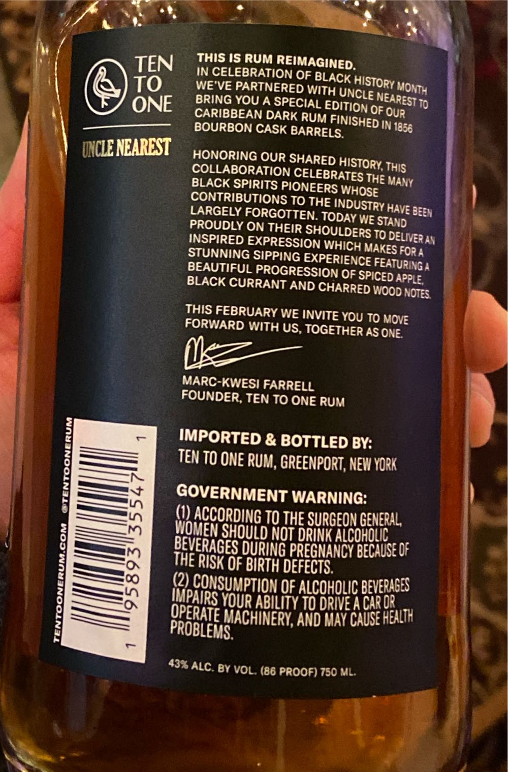 Ten To One Uncle Nearest Bourbon Cask Finish Caribbean - Ten To One alcohol collectible [Barcode 195893355471] - Main Image 2