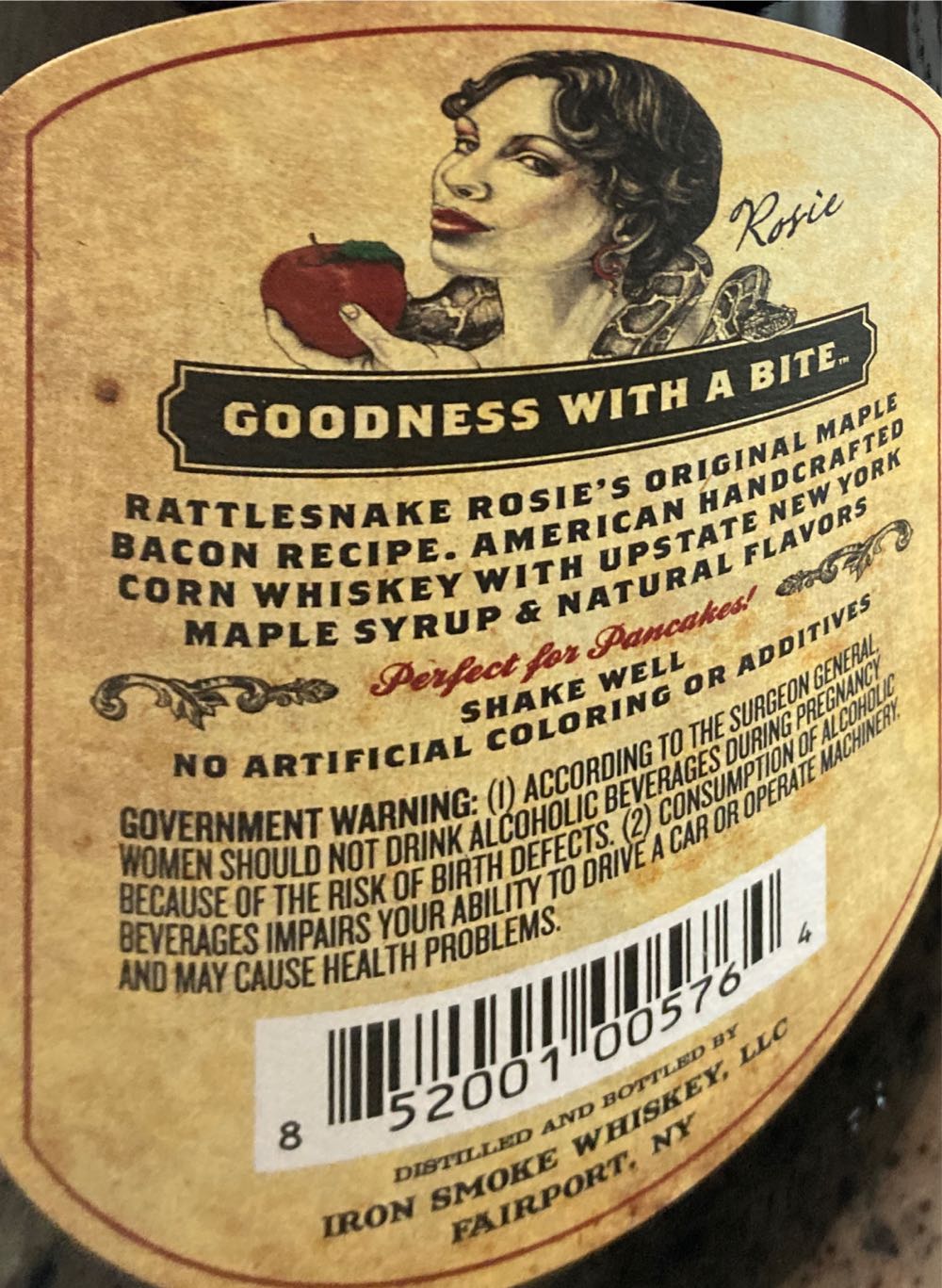 Iron Smoke Rattlesnake Rosie’s Maple Bacon Whiskey - Iron Smoke Distillery (750 mL) alcohol collectible [Barcode 852001005764] - Main Image 2