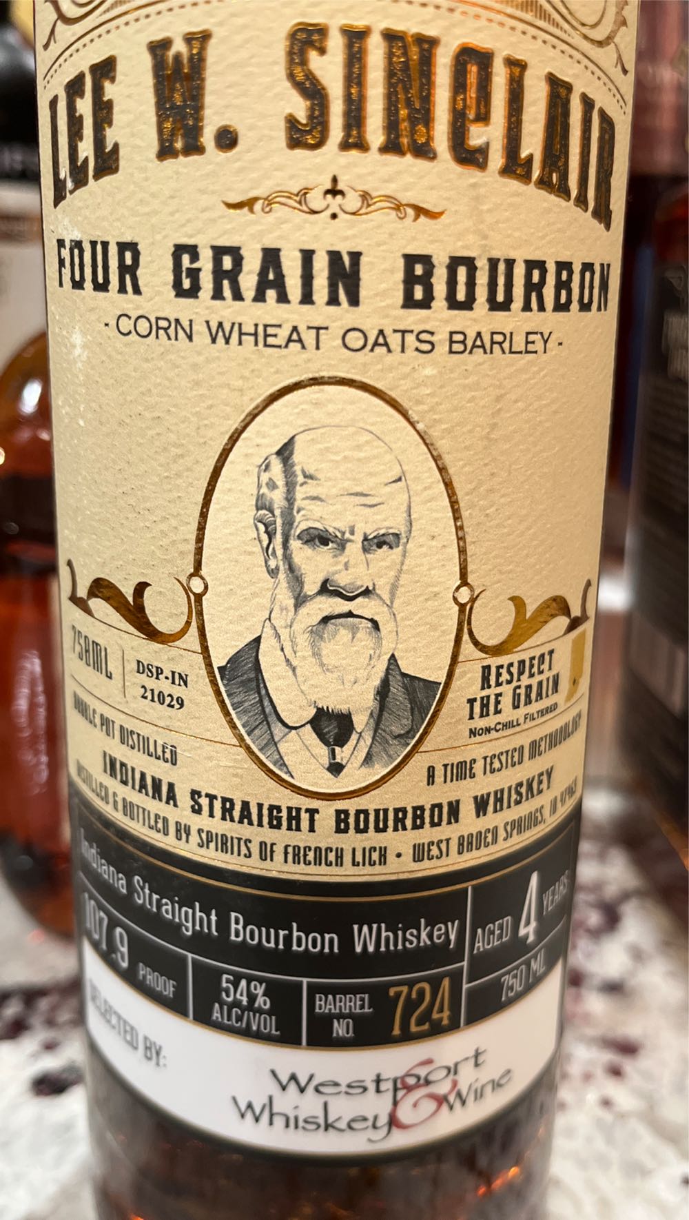 Lee W. Sinclair 4 Grain Bourbon - Spirits Of French Lick (750 mL) alcohol collectible [Barcode 664944000085] - Main Image 2