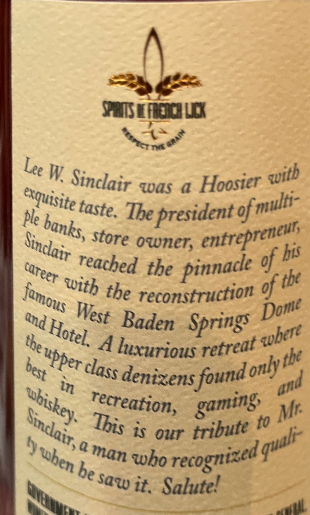 Lee W. Sinclair 4 Grain Bourbon - Spirits Of French Lick (750 mL) alcohol collectible [Barcode 664944000085] - Main Image 3