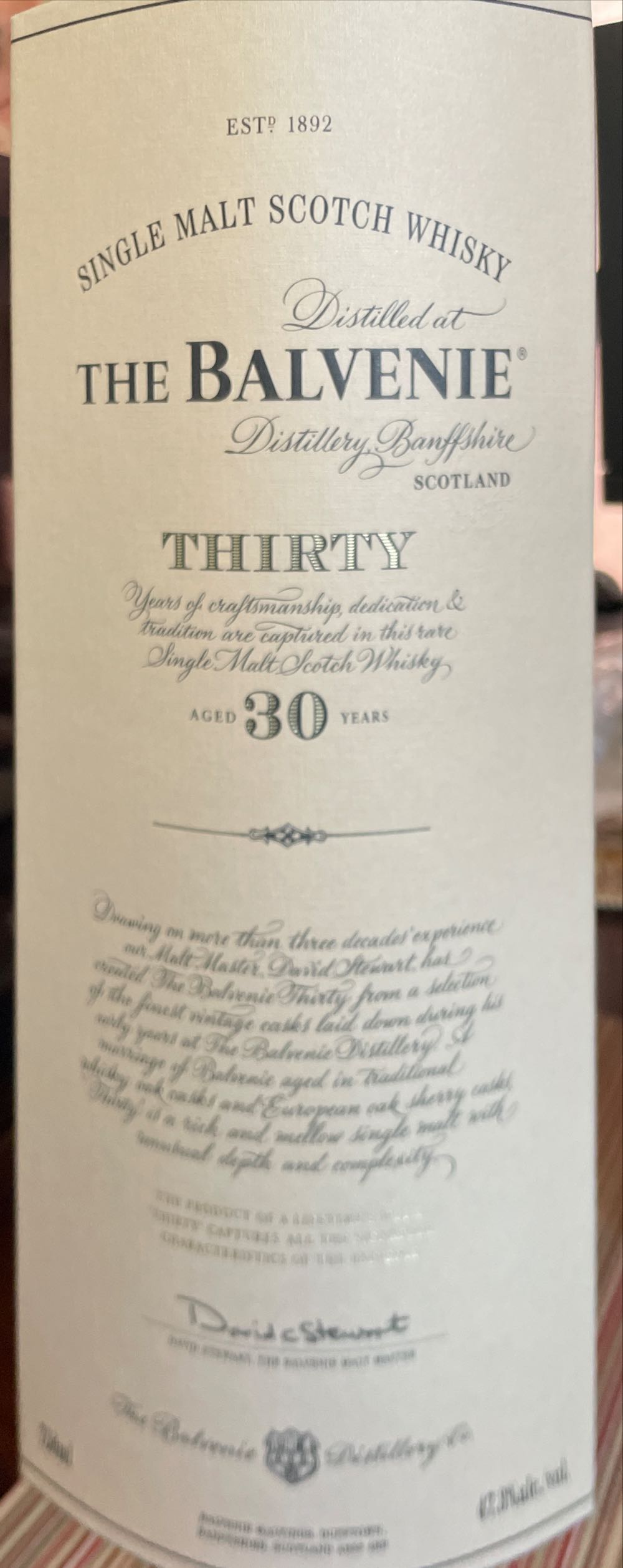 The Balvenie: 30 Year Old Single Malt Scotch Whisky - The Balvenie Distillery Co. (750 mL) alcohol collectible [Barcode 083664869046] - Main Image 3