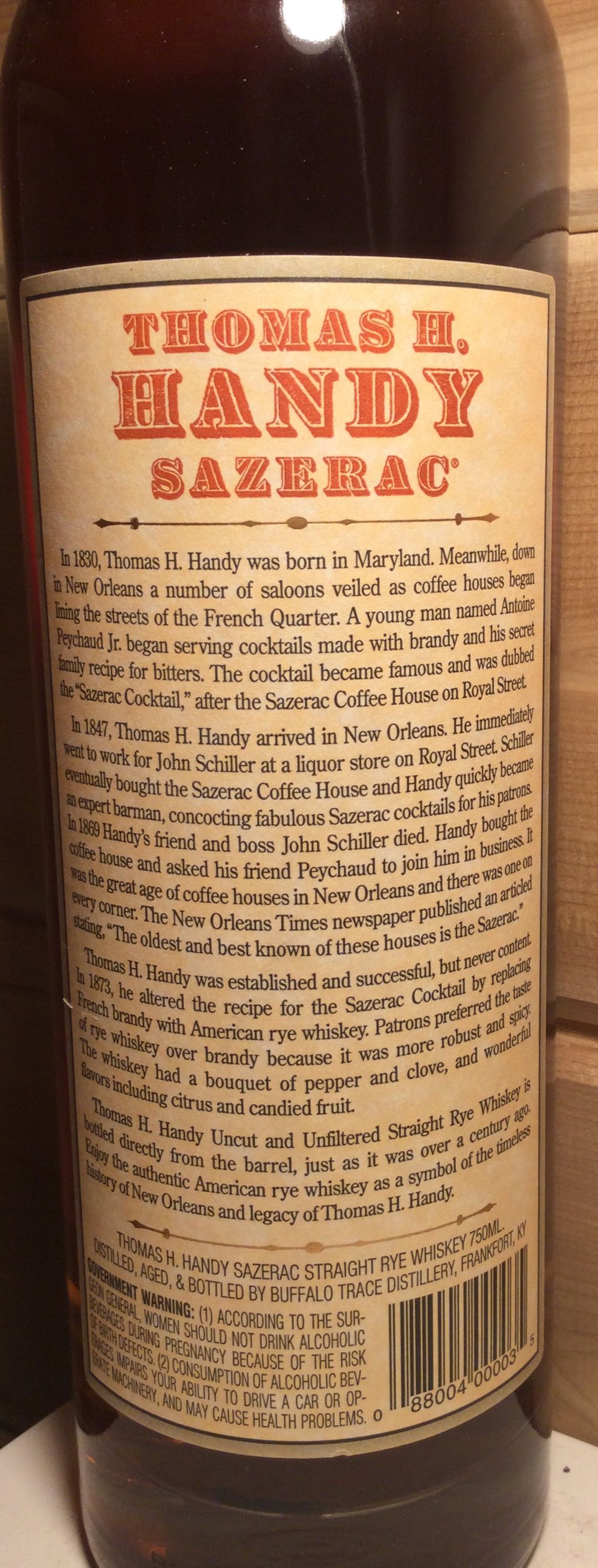 Thomas H Handy (2016) - Buffalo Trace (750 mL) alcohol collectible [Barcode 088004000035] - Main Image 2