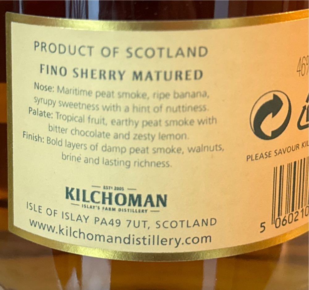 Kilchoman Fino Sherry Matured Whisky - Kilchoman Distillery (700 mL) alcohol collectible [Barcode 5060210702984] - Main Image 2