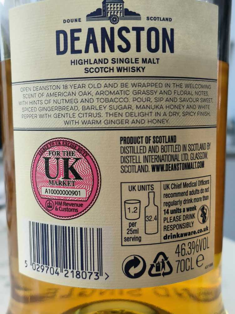 Deanston 18 - Highland (700 mL) alcohol collectible [Barcode 5029704218073] - Main Image 3