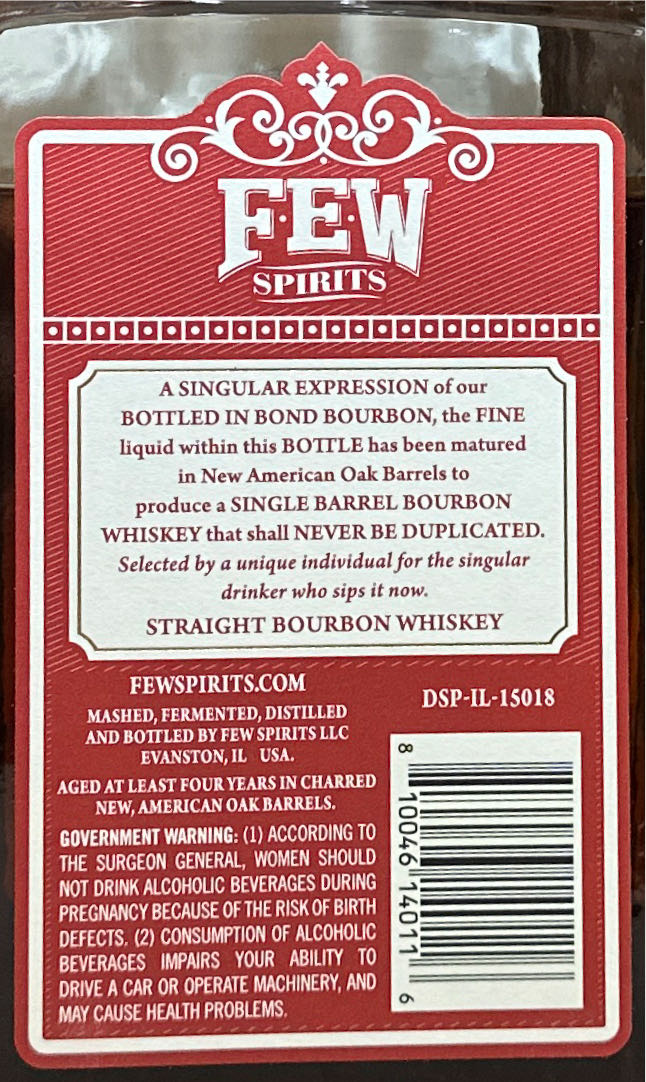FEW Straight Bourbon Whiskey - Few spirits llc (750mL) alcohol collectible [Barcode 810046140000] - Main Image 2