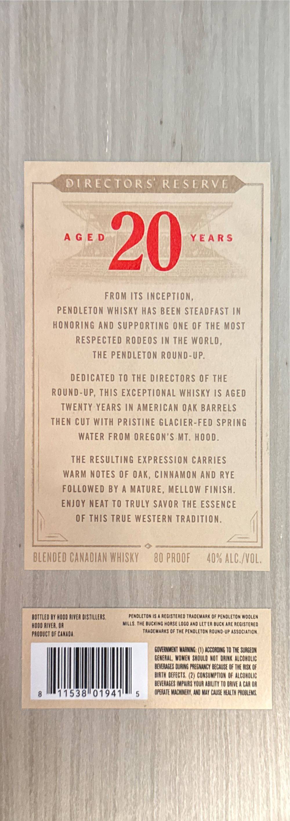 Pendleton Directors Reserve 20 Year Old 2024 - Hood River Distillers, OR (750 mL) alcohol collectible [Barcode 811538019415] - Main Image 3