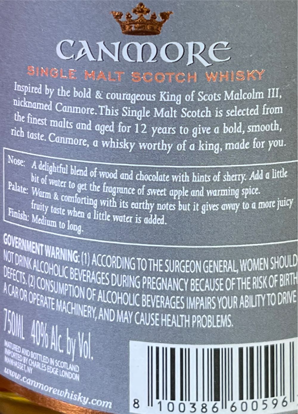 Canmore 12 Year Old  (750 mL) alcohol collectible [Barcode 8100386600596] - Main Image 2