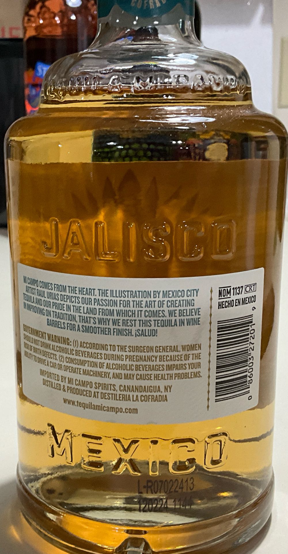 Mi Campo Reposado Tequila - Nom 1137 (750 mL) alcohol collectible [Barcode 086003272019] - Main Image 2