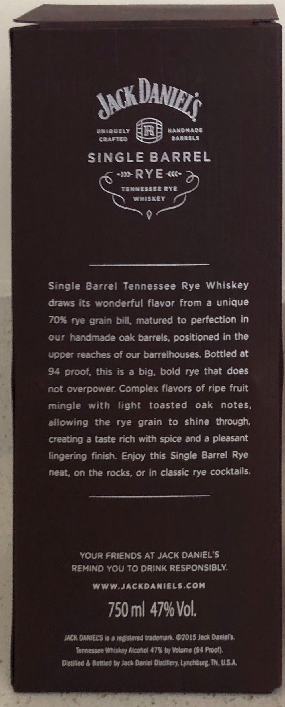 Single Barrel Rye Jack Daniel’s  - Jack Daniel’s Distillery, Lynchburg, TN (750 mL) alcohol collectible [Barcode 082184002094] - Main Image 2
