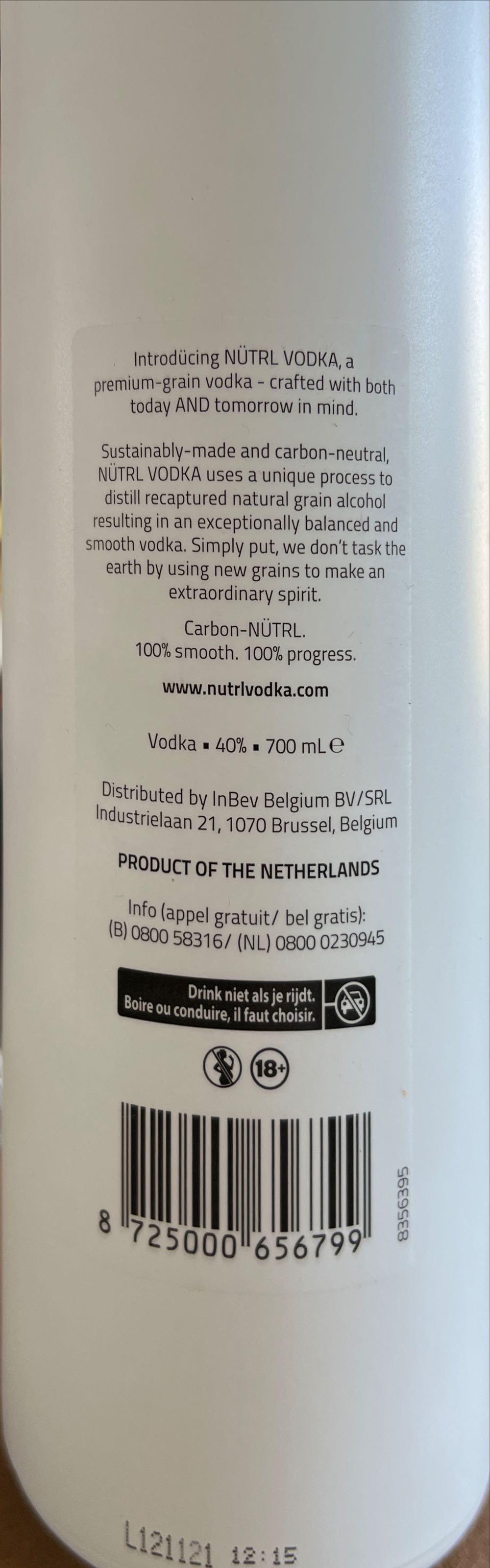 Nütrl Vodka - InBev Belgium NV (700 mL) alcohol collectible [Barcode 8725000656799] - Main Image 2
