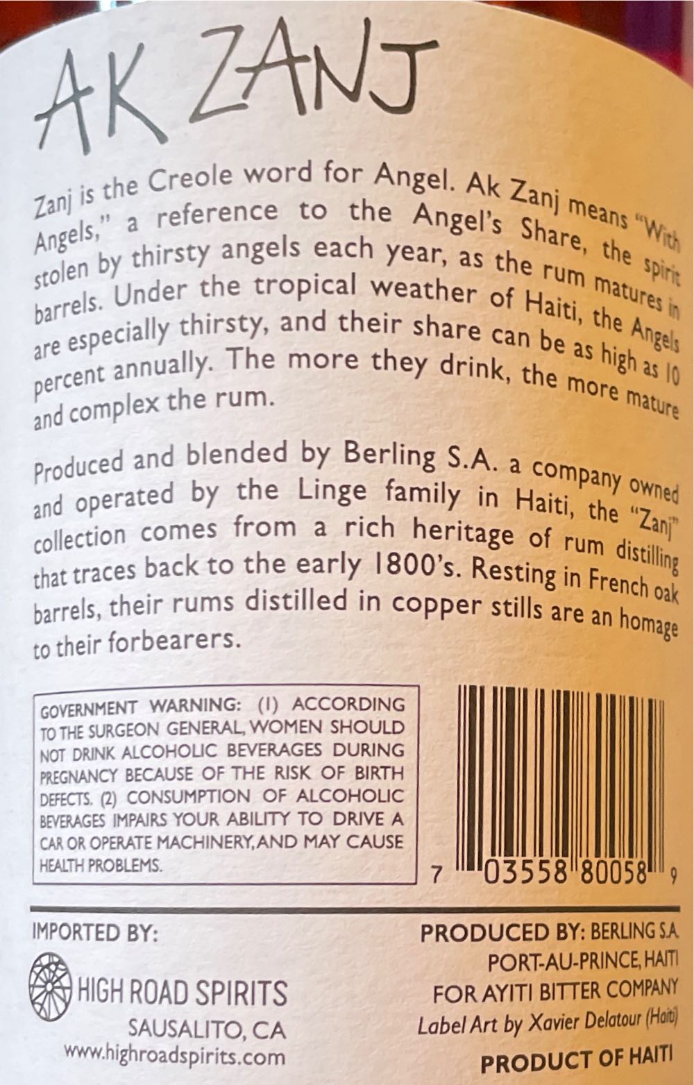 Ak Zanj Haitian - High Road Spirits (750 mL) alcohol collectible [Barcode 703558800589] - Main Image 3