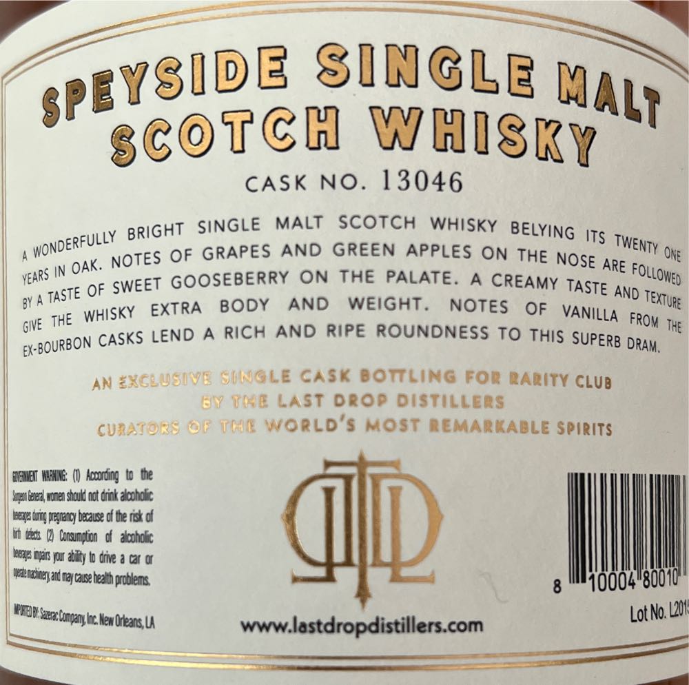 Last Drop Glen Grant Distillery 21 Years - Glen Grant Ltd alcohol collectible [Barcode 810004800106] - Main Image 2