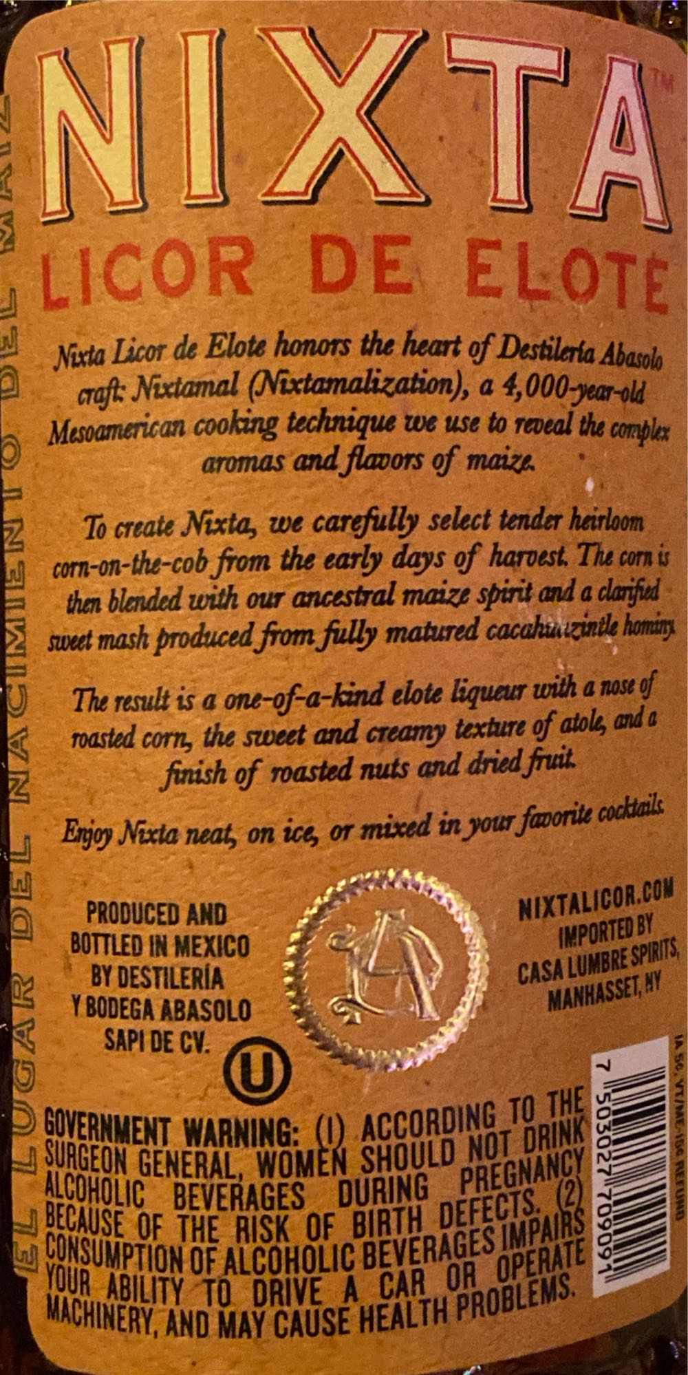 Nixta - Licor De Elote - Destileria Y Bodega Abasolo (750 mL) alcohol collectible [Barcode 7503027709091] - Main Image 2