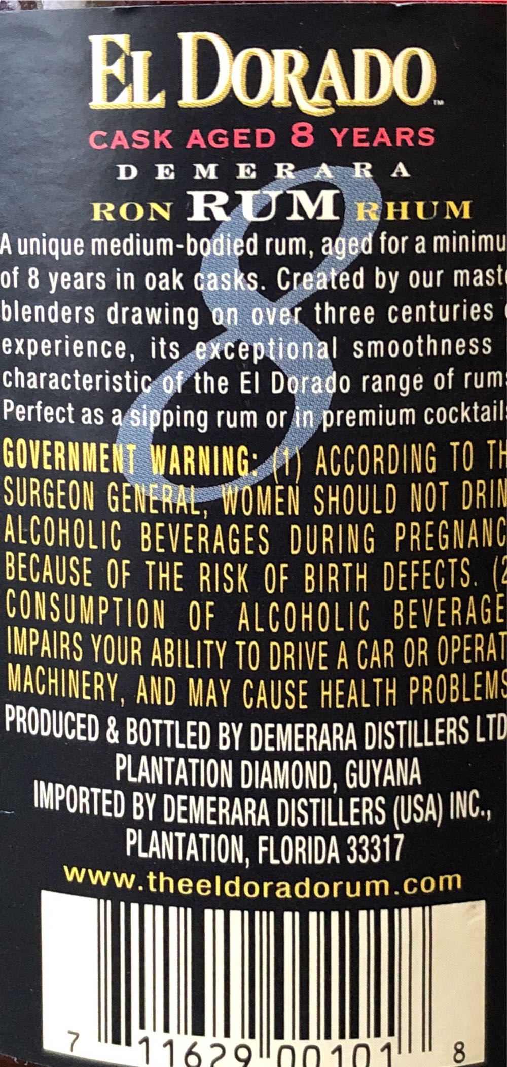 El Dorado 8 Year Old Rum - Demerara Distillers Ltd (750 mL) alcohol collectible [Barcode 711629001018] - Main Image 2