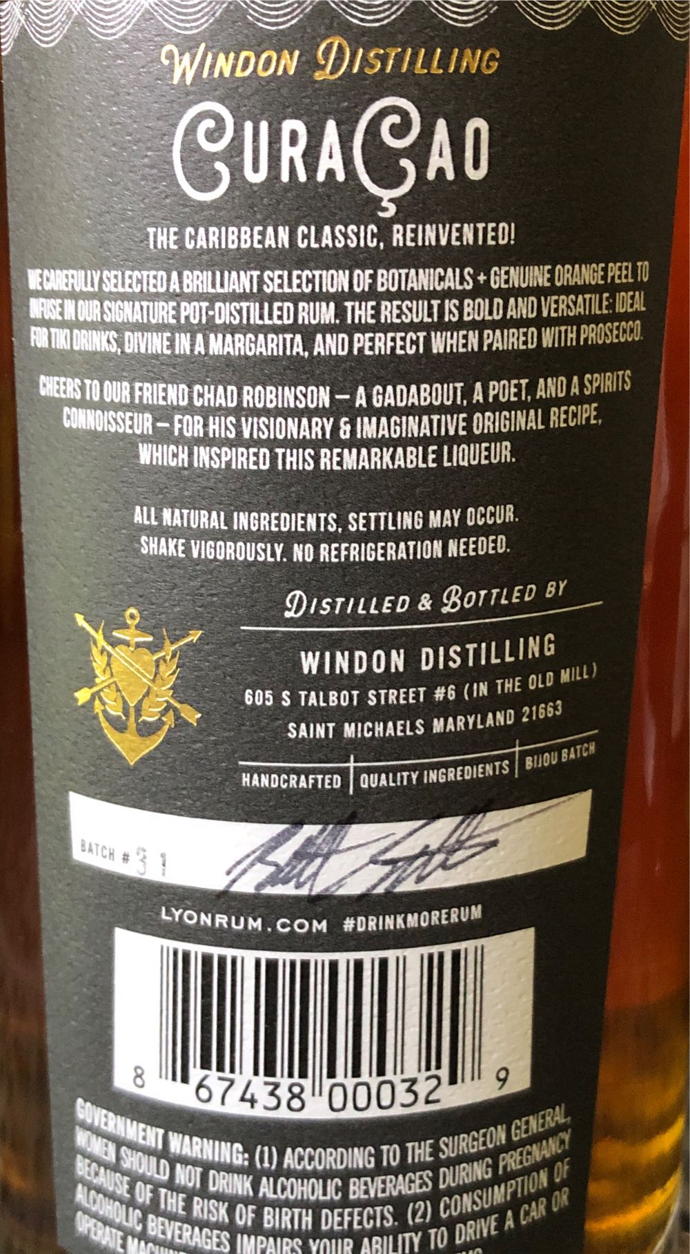 Lyon Curacao - Windon Distilling (750 mL) alcohol collectible [Barcode 867438000329] - Main Image 2