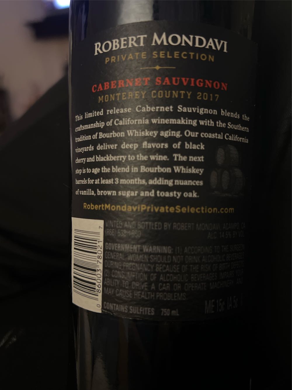 Robert Mondavi Private Selection Bourbon Barrels Cabernet Sauvignon Bourbon Barrel Cabernet  alcohol collectible [Barcode 086003780217] - Main Image 3