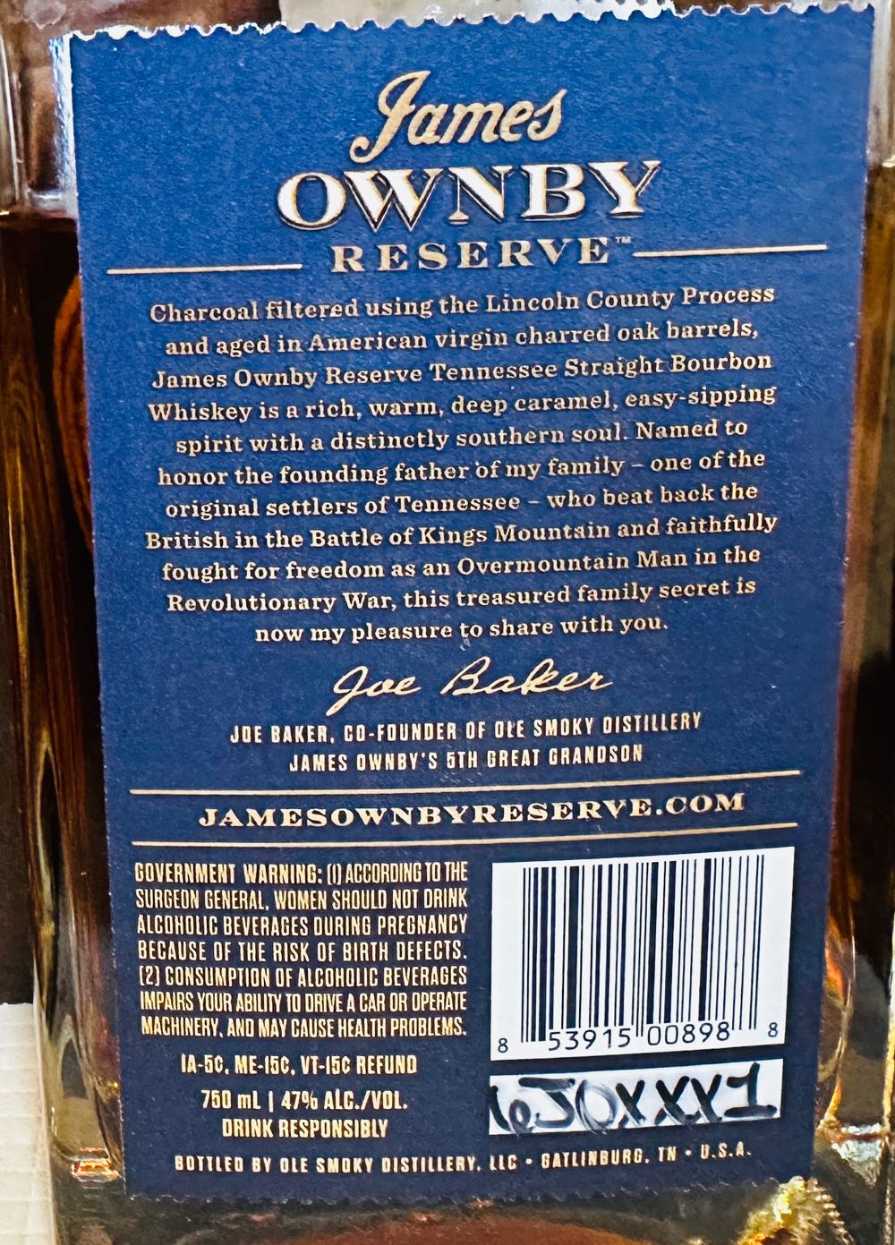 James Ownby Reserve Straight Bourbon - Ole Smokey Distillery (750 mL) alcohol collectible [Barcode 853915008988] - Main Image 2