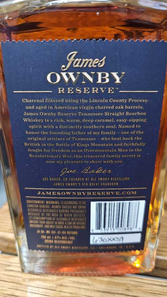 James Ownby Reserve Straight Bourbon - Ole Smokey Distillery (750 mL) alcohol collectible [Barcode 853915008988] - Main Image 3