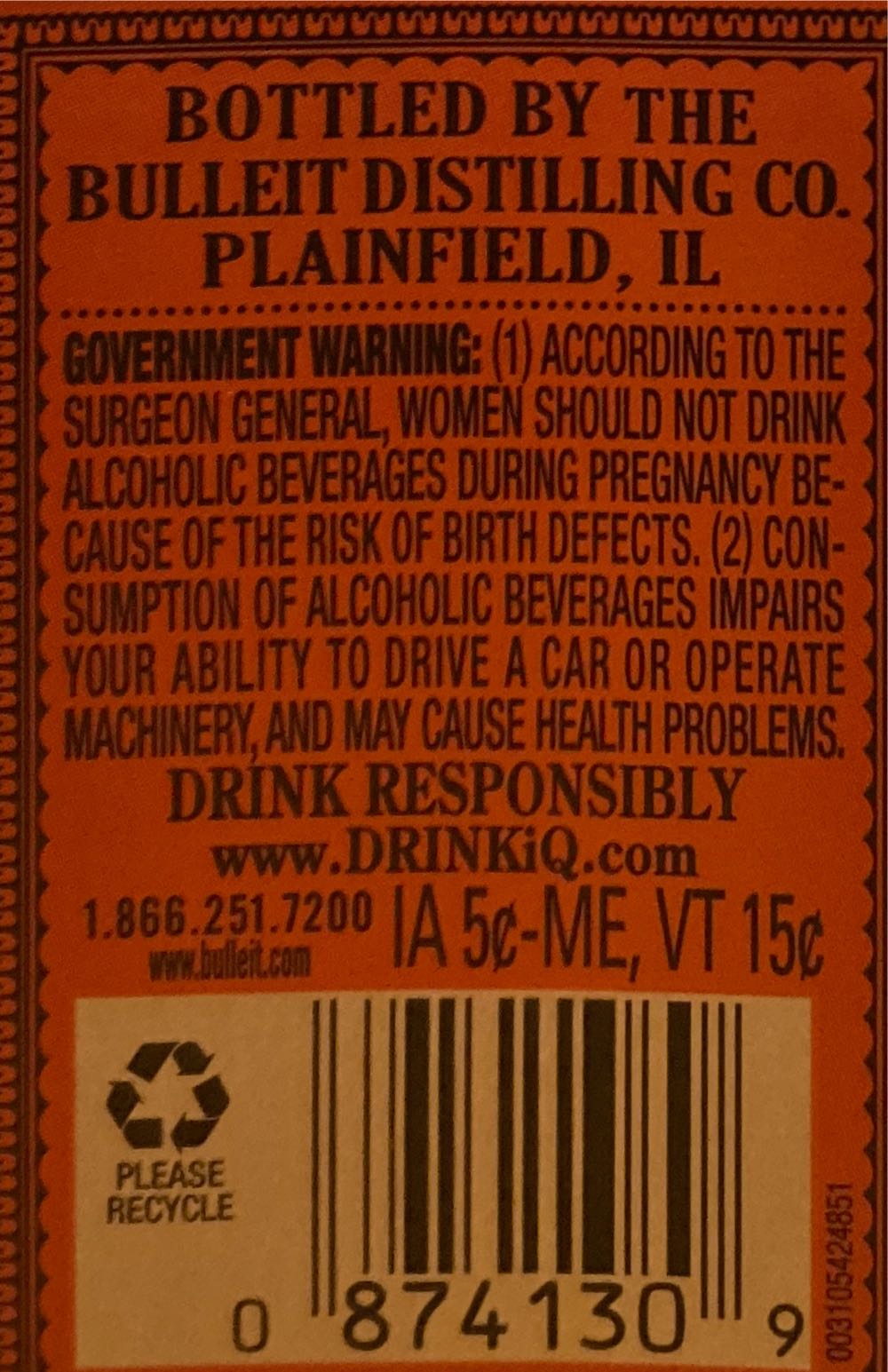 Bulletin Bourbon - Bulliet Distilling (200 mL) alcohol collectible [Barcode 087000004139] - Main Image 2