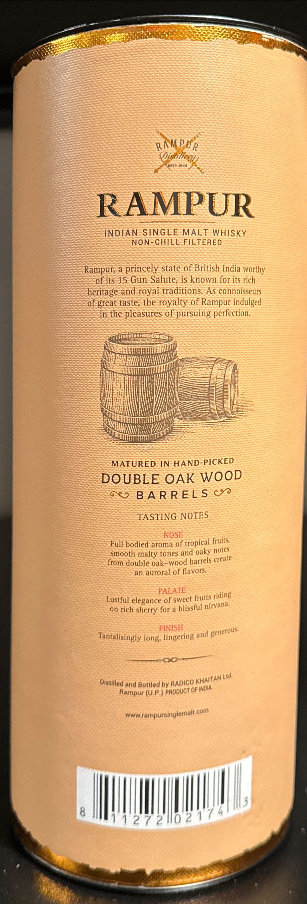 Rampur Double Cask Single Malt - Radico Khaitan (750 mL) alcohol collectible [Barcode 811272021743] - Main Image 4