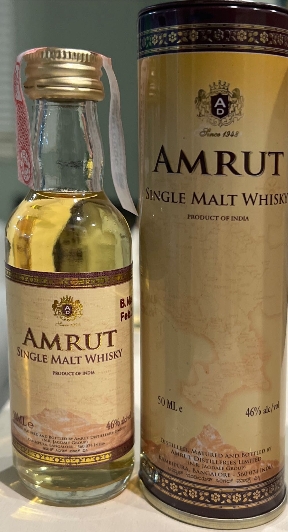 Amrut Single Malt - Amrut Distilleries Ltd (50 mL) alcohol collectible [Barcode 836202000315] - Main Image 3