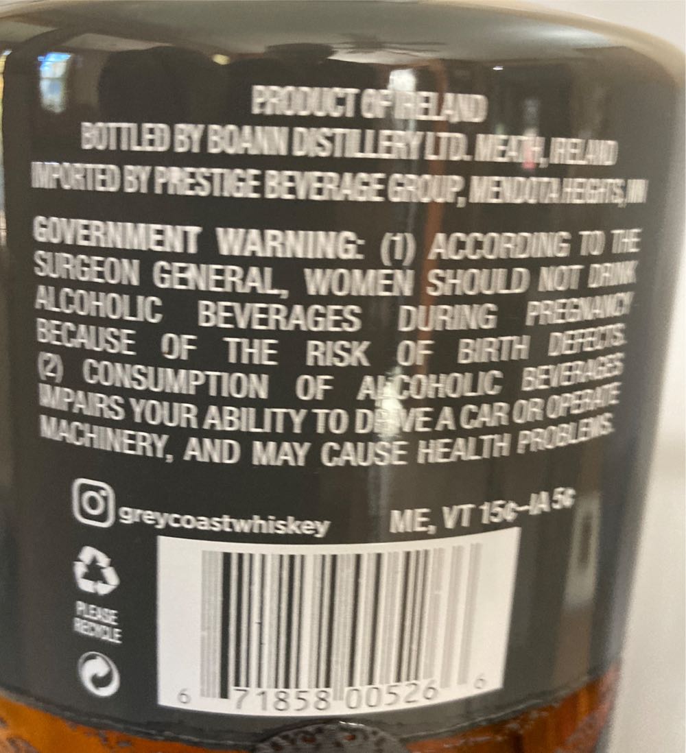 Grey Coast Irish Whiskey - Boann Distillery Co (700 mL) alcohol collectible [Barcode 671858005266] - Main Image 3