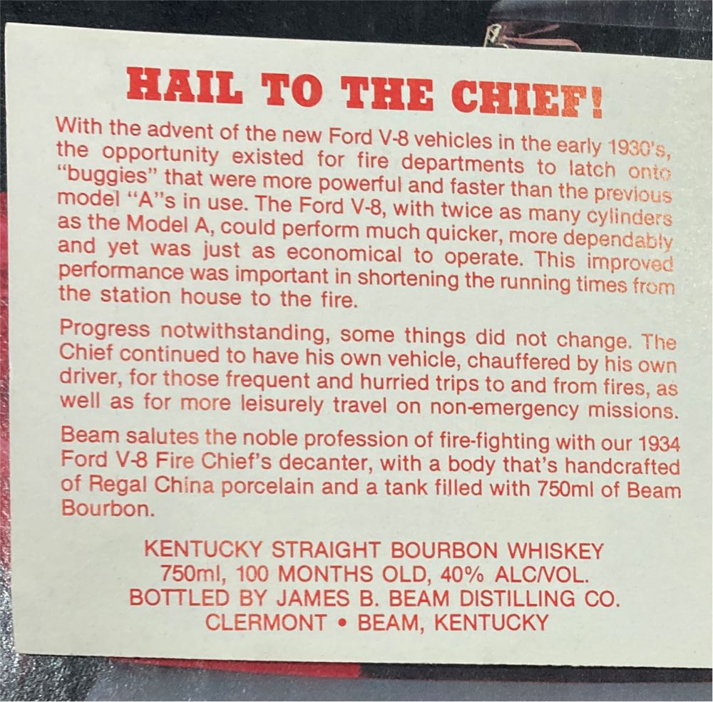 Jim Beam Fire 1934 Fire Chief Ford V8 - Jim B.Beam Distilling Co. (750 mL) alcohol collectible [Barcode 080686710196] - Main Image 3