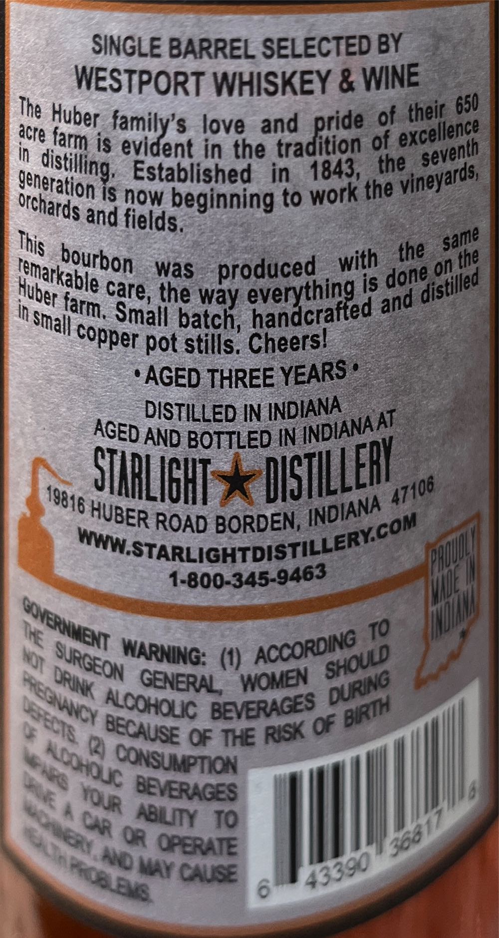 Huber Indiana Straight Bourbon Whiskey - Starlight Distillery (750 mL) alcohol collectible [Barcode 643390368178] - Main Image 3
