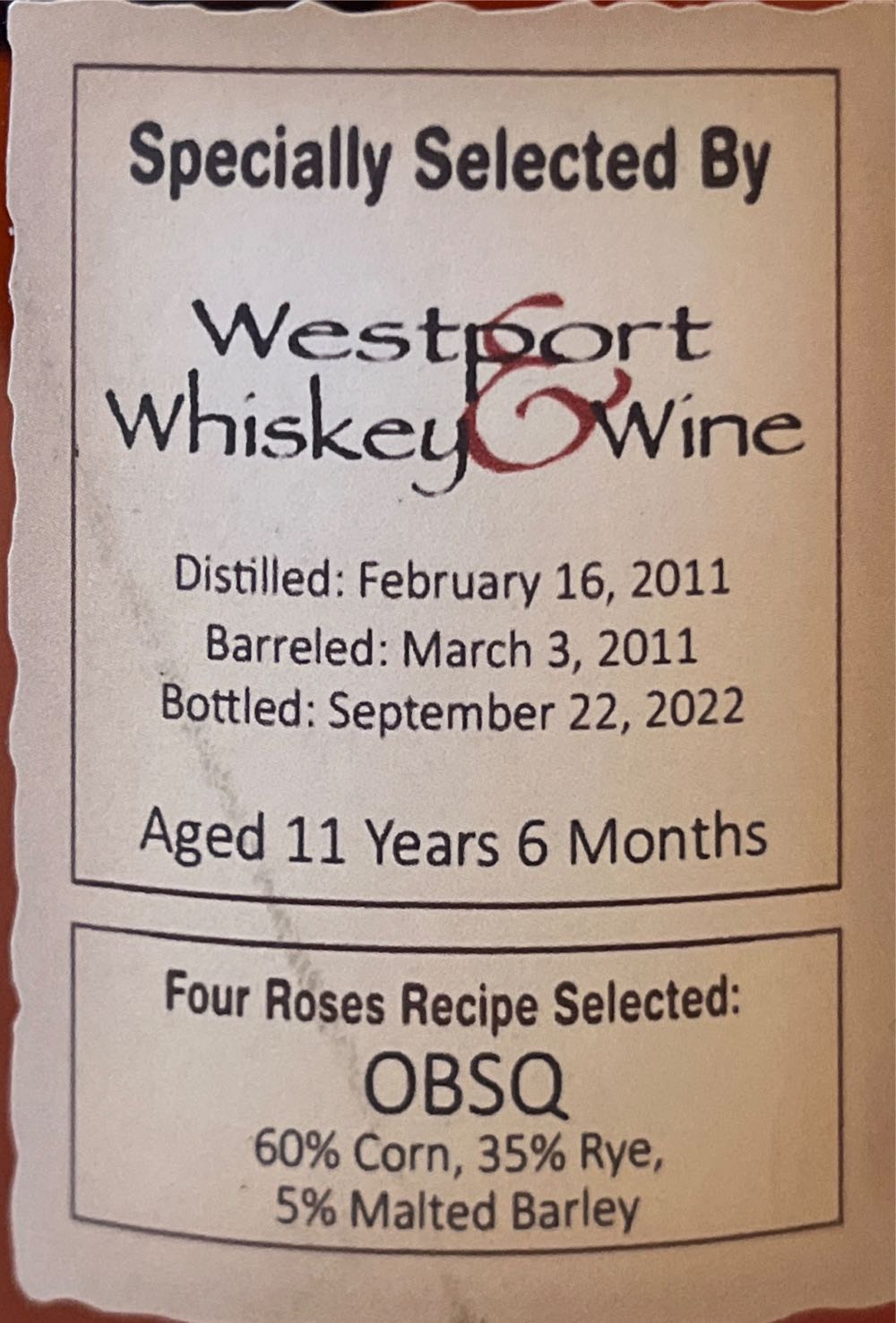 Four Roses Single Barrel Barrel Strength Private Selection (OBSO) - Four Roses Distillery, Lawrenceburg, KY (750 mL) alcohol collectible [Barcode 040063400294] - Main Image 3