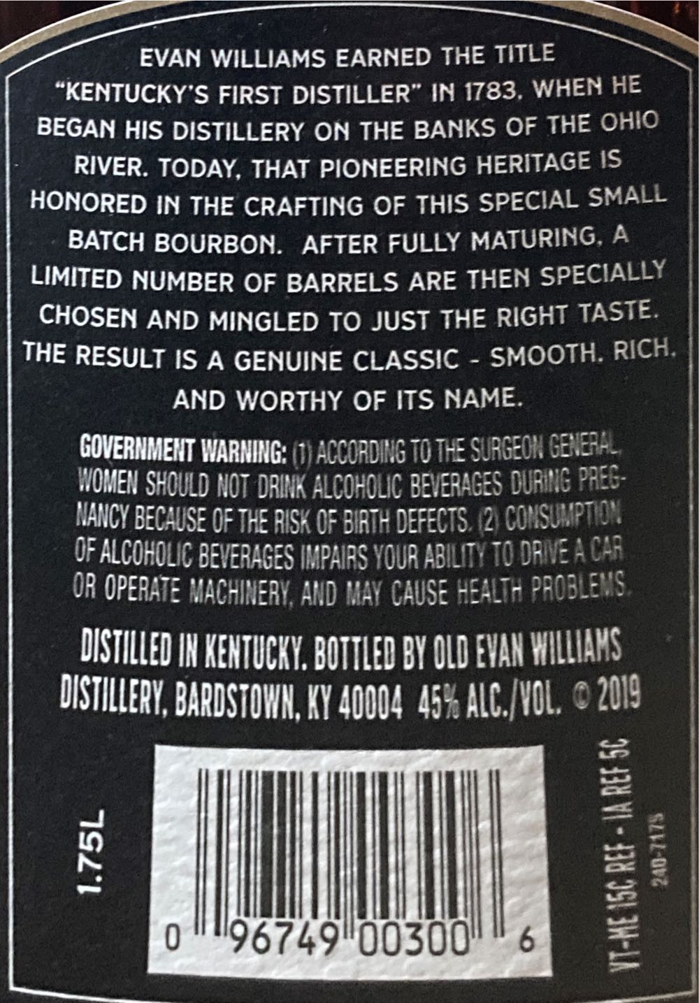 Evan Williams 1783 Small Batch Bourbon 1.75l - Old Evan Williams Distillery (1.75 L) alcohol collectible [Barcode 096749003006] - Main Image 2