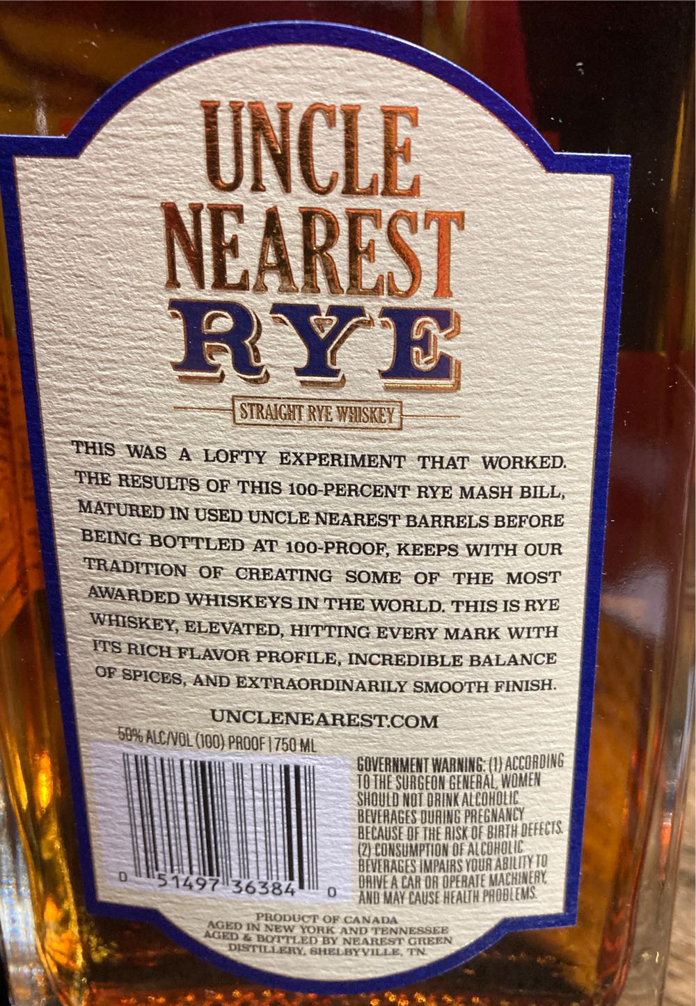 Uncle Nearest Rye 100 Proof - Uncle Nearest, Shelbyville TN (750 mL) alcohol collectible [Barcode 051497363840] - Main Image 3