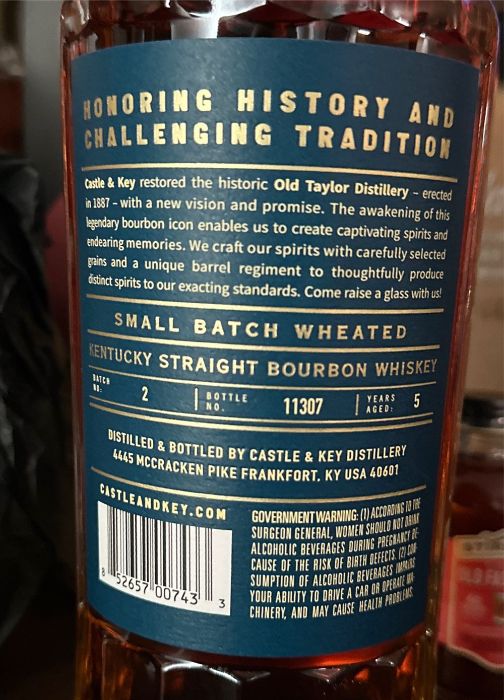 Castle & Key - Small Batch - Wheated Bourbon - Castle & Key Distillery (750 mL) alcohol collectible [Barcode 852657007433] - Main Image 2
