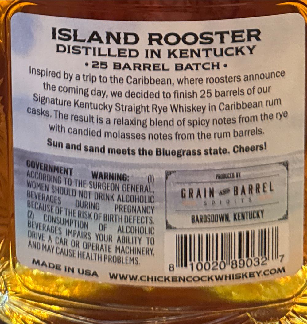 Chicken Cock Island Rooster Rum Barrel Rye - Grain & Barrel Spirits (750 mL) alcohol collectible [Barcode 810020890327] - Main Image 2