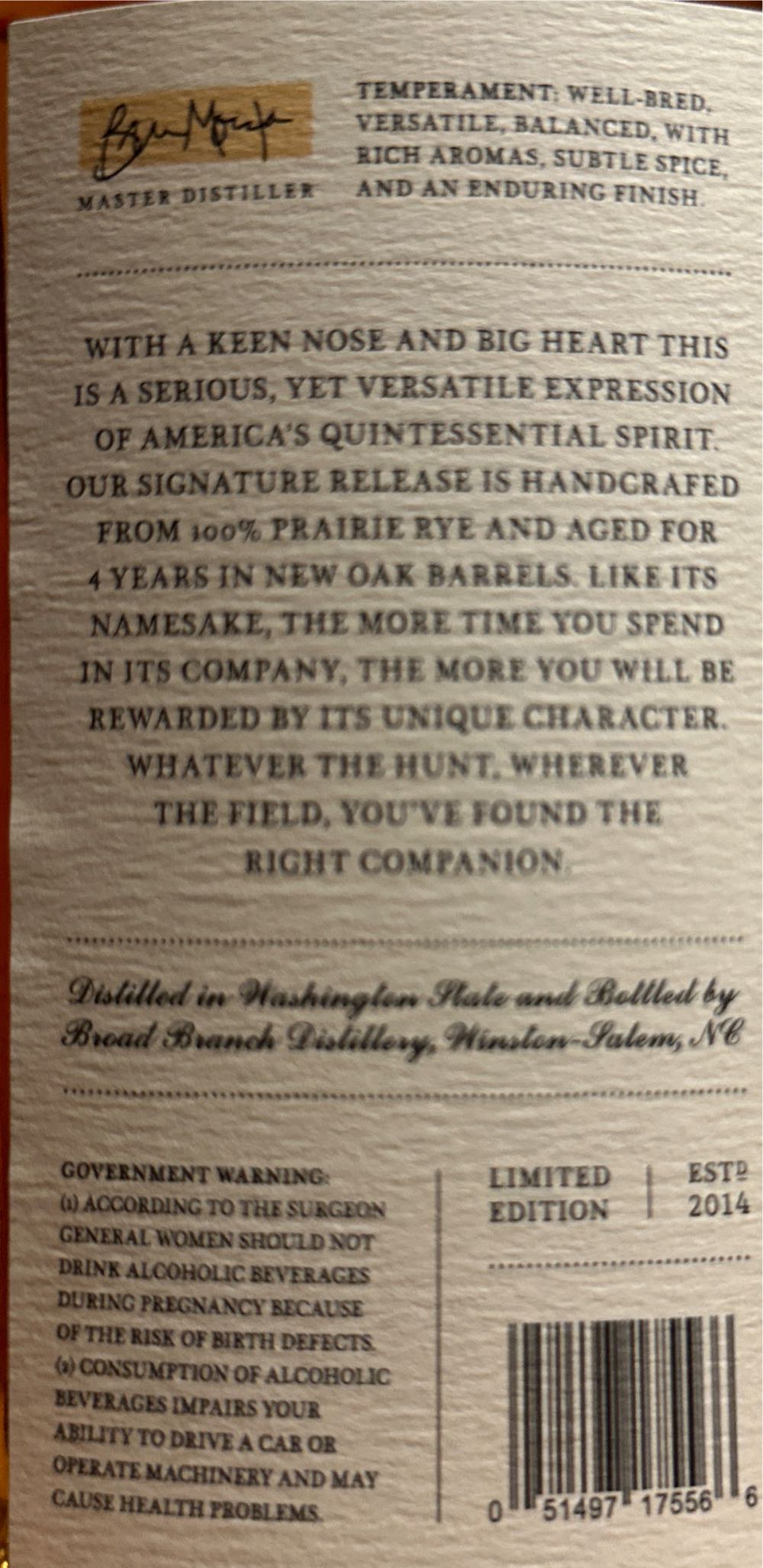 Boykin Straight Rye Whiskey - Broad Branch (750 mL) alcohol collectible - Main Image 2