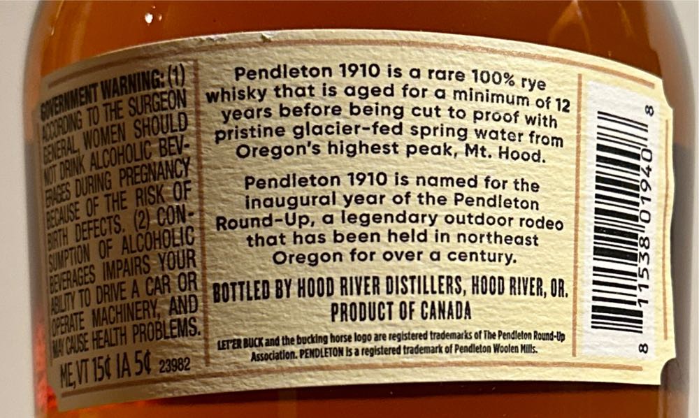 Pendleton Rye Whisky 750ml - Hood River Distillers, OR (750 mL) alcohol collectible [Barcode 811538019408] - Main Image 2