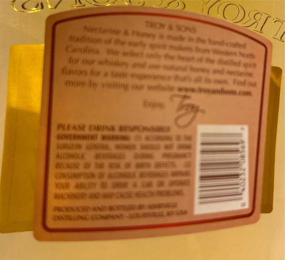Troy And Sons Nectarine And Honey Whiskey - Asheville Distilling (750 mL) alcohol collectible [Barcode 040232085697] - Main Image 2