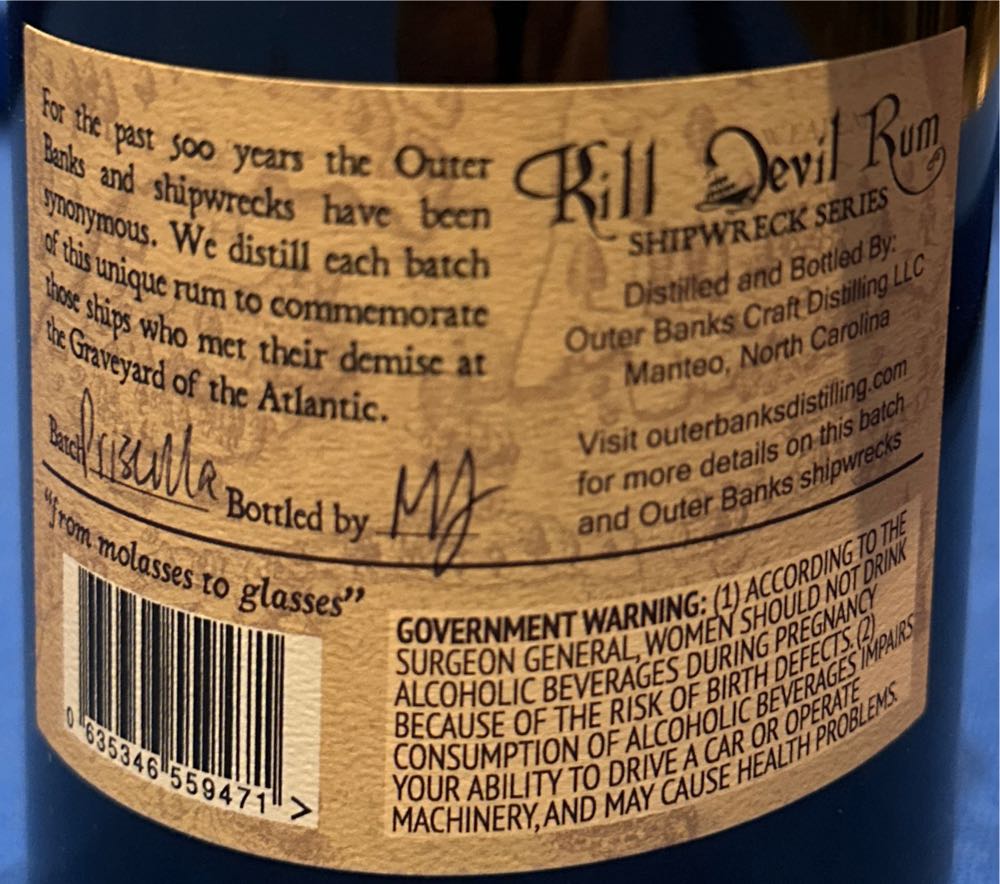 Kill Devil Hills Shipwreck Series Rum (Winter) - Outer Banks Distilling Company (750 mL) alcohol collectible [Barcode 635346559471] - Main Image 2