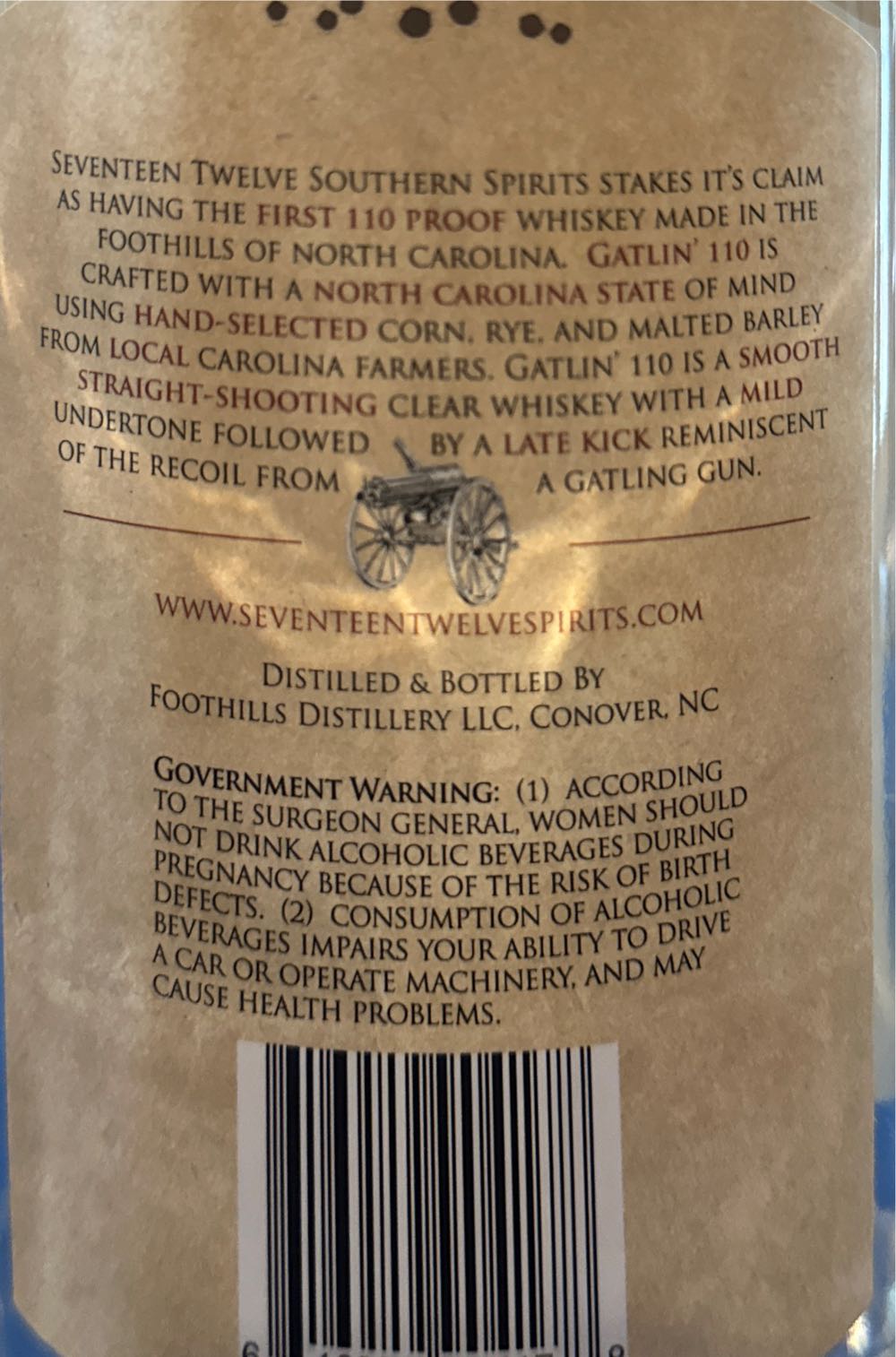 Seventeen Twelve Gatlin 110 - Foothills Distillery (750 mL) alcohol collectible [Barcode 616929904178] - Main Image 2